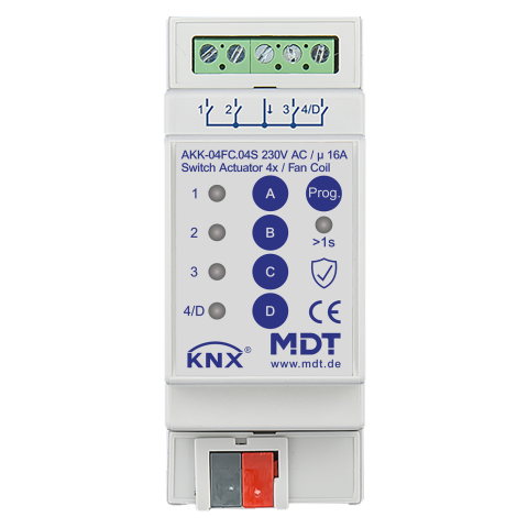 Spínací aktor 4násobný, 2M, 16A, 70µ, 10ECG, 230VAC, Fan coil, KNX Secure