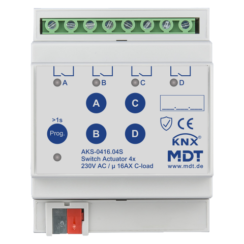 Spínací aktor AKS 4násobný, 4M, 16A, 230VAC, standard, 140μF, KNX Secure