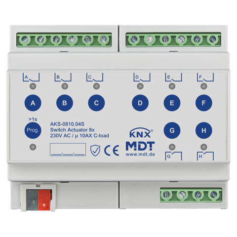 Spínací aktor AKS 8násobný, 6M, 10A, 230VAC, standard, 140μF, KNX Secure
