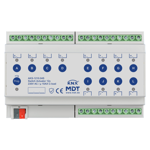 Spínací aktor AKS 12násobný, 8M, 10A, 230VAC, standard, 140μF, KNX Secure