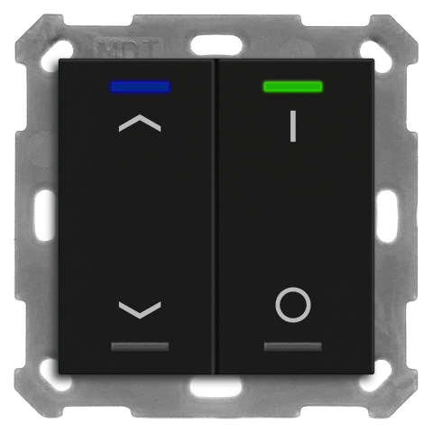 KNX 4tlačidlo 55x55 mm, RGBW LED, potlač žalúzie a 0/1, matná čierna, meranie teploty