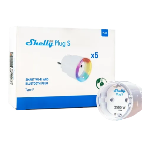 Balenie 4+1, Shelly Plus Plug S, zásuvka s meraním spotreby, WiFi, biela