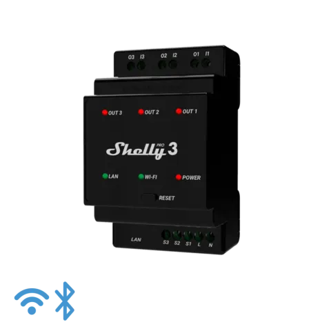 Shelly Pro 3, spínací modul 3x 16A na DIN lištu, WiFi, LAN